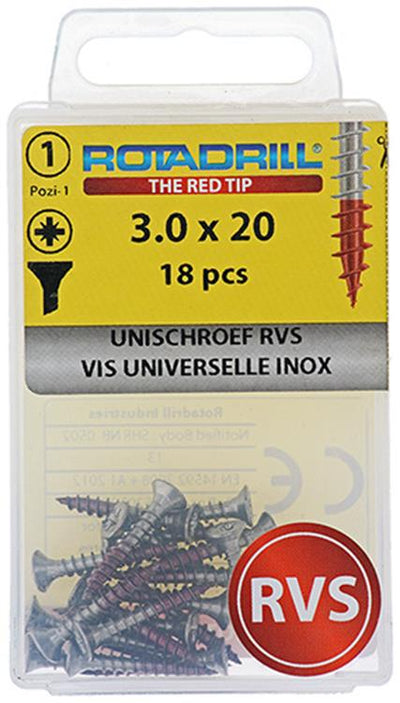 Rotadrill 1039849 – Universalschraube VK PZD Edelstahl-A2 3,0 x 20 mm (18) | 6 Stück