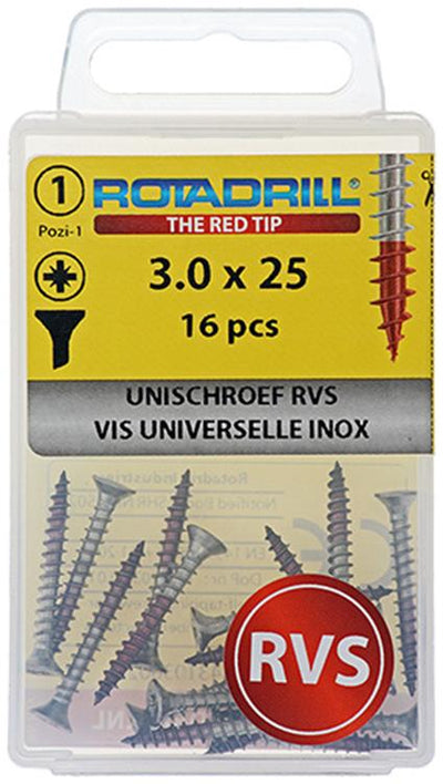 Rotadrill 1039850 – Universalschraube VK PZD Edelstahl-A2 3,0 x 25 mm (16) | 6 Stück