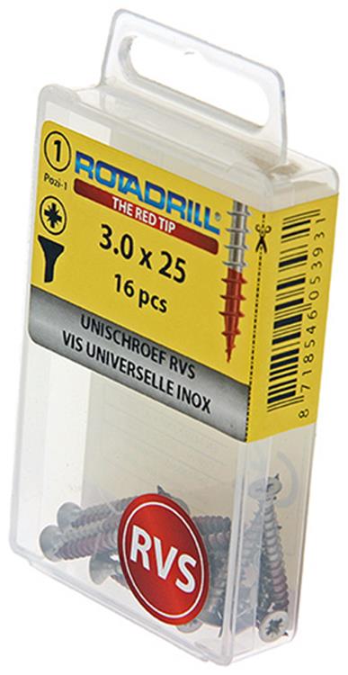 Rotadrill 1039850 – Universalschraube VK PZD Edelstahl-A2 3,0 x 25 mm (16) | 6 Stück