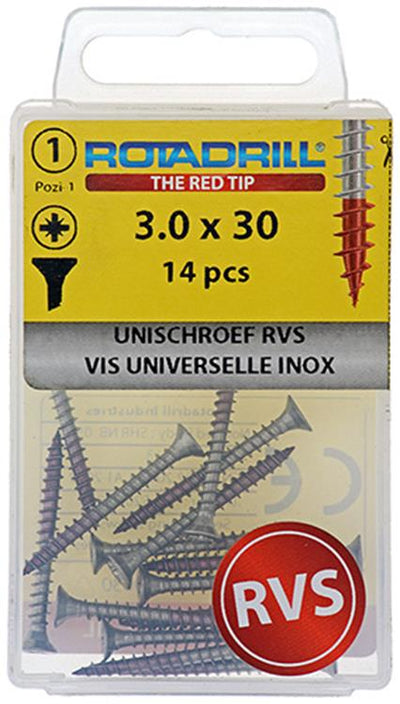 Rotadrill 1039851 – Universalschraube VK PZD Edelstahl-A2 3,0 x 30 mm (14) | 6 Stück