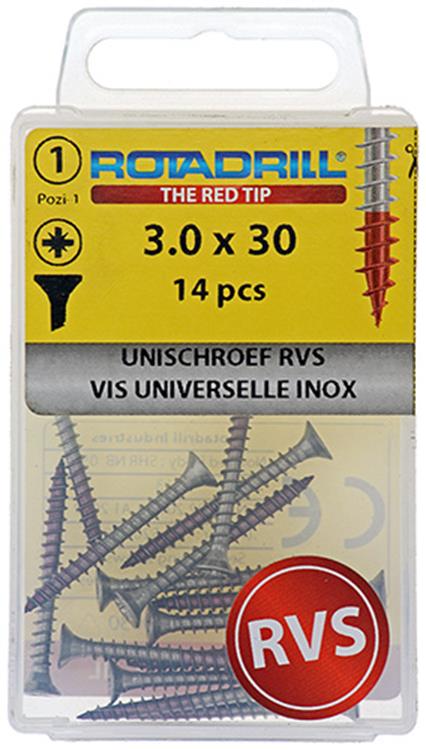 Rotadrill 1039851 – Universalschraube VK PZD Edelstahl-A2 3,0 x 30 mm (14) | 6 Stück