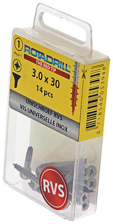Rotadrill 1039851 – Universalschraube VK PZD Edelstahl-A2 3,0 x 30 mm (14) | 6 Stück