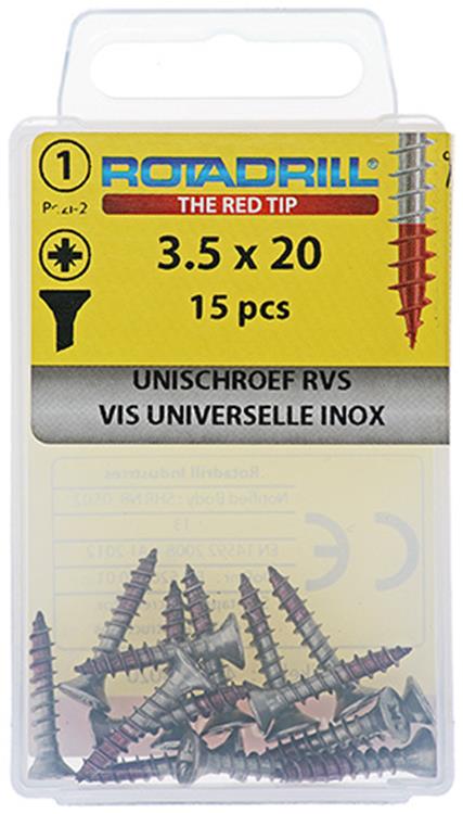 Rotadrill 1039853 – Universalschraube VK PZD Edelstahl-A2 3,5 x 20 mm (15) | 6 Stück