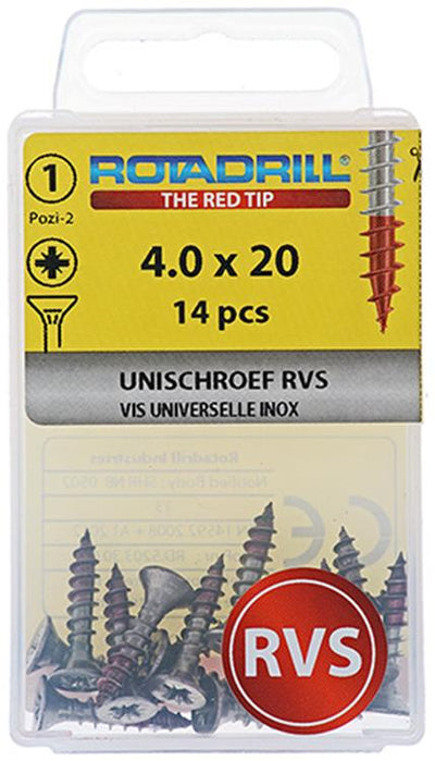 Rotadrill 1039857 – Universalschraube VK PZD Edelstahl-A2 4,0 x 20 mm (14) | 6 Stück