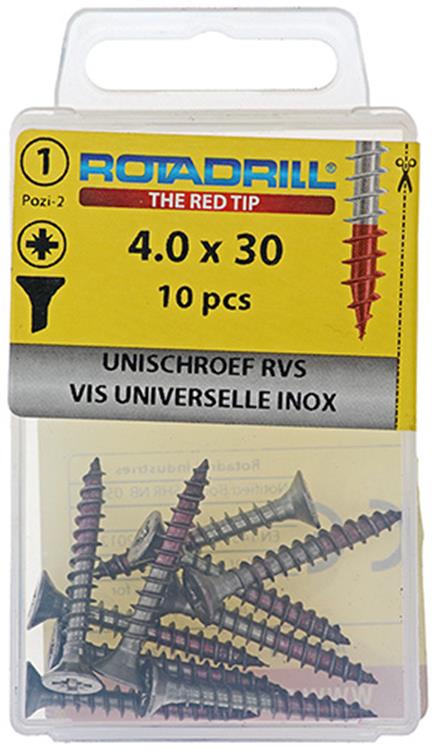 Rotadrill 1039859 – Universalschraube VK PZD Edelstahl-A2 4,0 x 30 mm (10) | 6 Stück