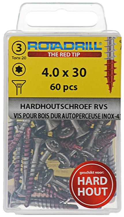 Rotadrill 1039898 – Hartholzschraube selbstschneidend sppls.edelstahl t20 4,0x30mm (60) | 6 Stück