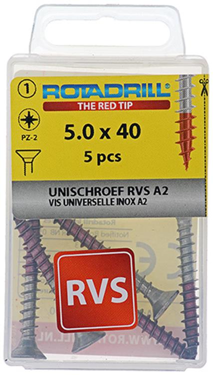 Rotadrill 1039860 – Universalschraube VK PZD Edelstahl-A2 5,0 x 40 mm (5) | 6 Stück