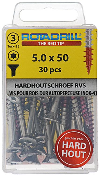 Rotadrill 1039904 – Hartholzschraube selbstschneidend sppls.edelstahl t25 5,0x50mm (30) | 6 Stück