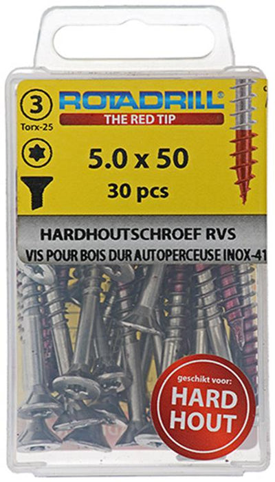 Rotadrill 1039904 – Hartholzschraube selbstschneidend sppls.edelstahl t25 5,0x50mm (30) | 6 Stück