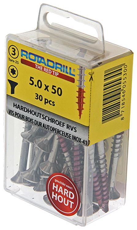 Rotadrill 1039904 – Hartholzschraube selbstschneidend sppls.edelstahl t25 5,0x50mm (30) | 6 Stück