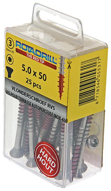 Rotadrill 1039907 – Terrassenschraube selbstschneidend sppls.edelstahl t25 5,0x50mm (25) | 6 Stück
