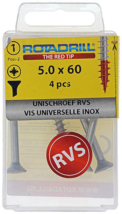 Rotadrill 1039862 – Universalschraube VK PZD Edelstahl-A2 5,0 x 60 mm (4) | 6 Stück