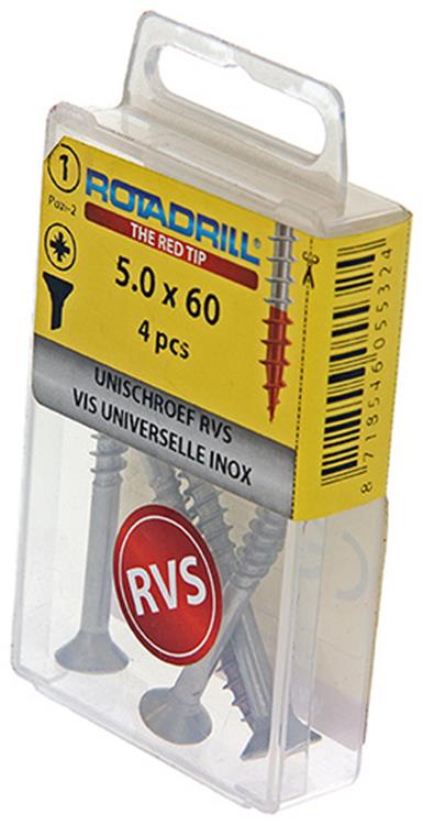 Rotadrill 1039862 – Universalschraube VK PZD Edelstahl-A2 5,0 x 60 mm (4) | 6 Stück