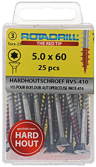 Rotadrill 1039905 – Hartholzschraube selbstschneidend sppls.edelstahl t25 5,0x60mm (25) | 6 Stück