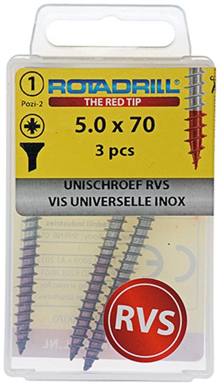 Rotadrill 1039863 – Universalschraube VK PZD Edelstahl-A2 5,0 x 70 mm (3) | 6 Stück