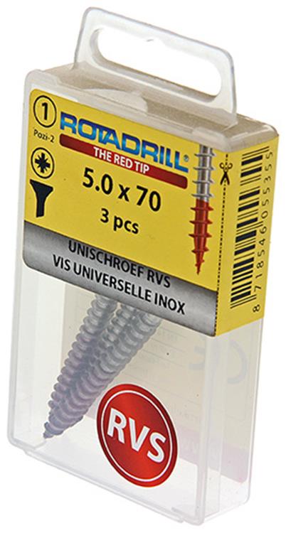 Rotadrill 1039863 – Universalschraube VK PZD Edelstahl-A2 5,0 x 70 mm (3) | 6 Stück
