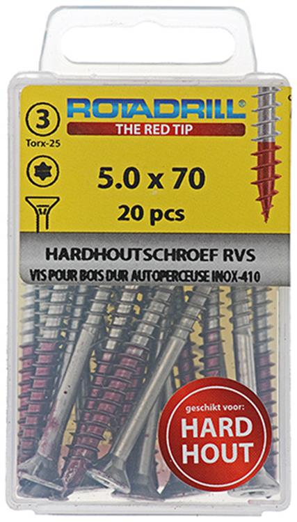 Rotadrill 1039906 – Hartholzschraube selbstschneidend sppls.edelstahl t25 5,0x70mm (20) | 6 Stück