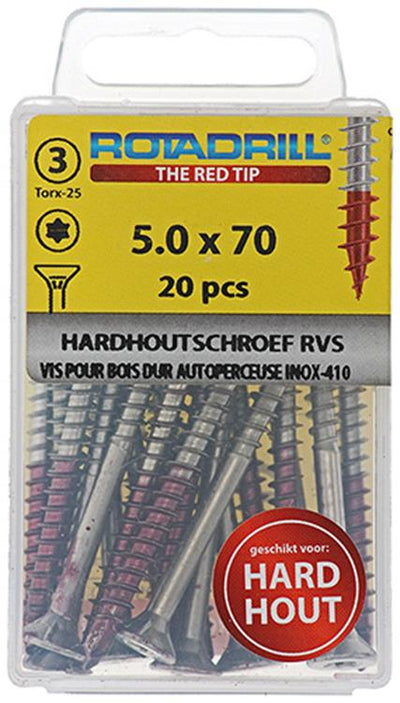 Rotadrill 1039906 – Hartholzschraube selbstschneidend sppls.edelstahl t25 5,0x70mm (20) | 6 Stück