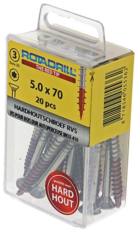 Rotadrill 1039906 – Hartholzschraube selbstschneidend sppls.edelstahl t25 5,0x70mm (20) | 6 Stück