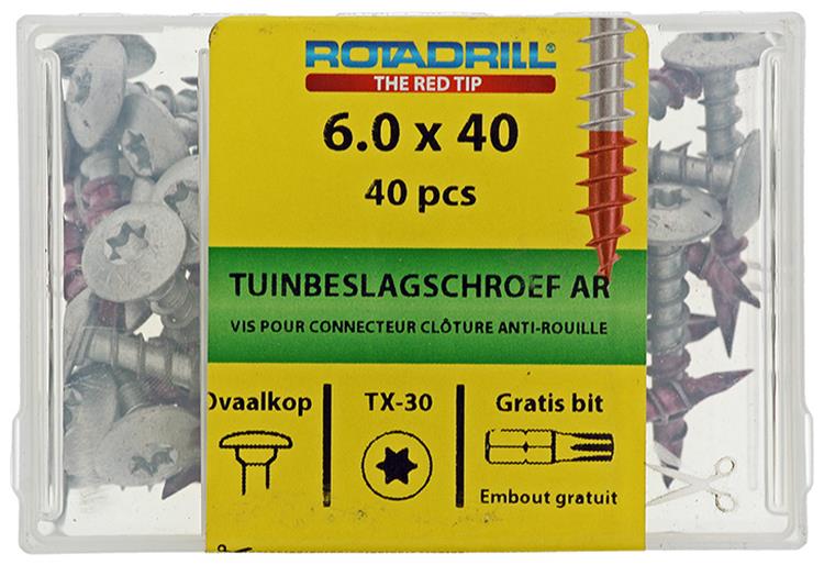 Rotadrill 1040019 – Gartenbeschlagschraube Ar-Beschichtung TX 6,0 x 40 mm (40) | 4 Stück