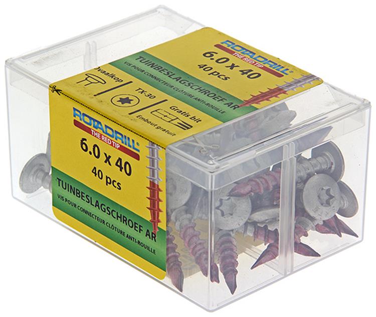 Rotadrill 1040019 – Gartenbeschlagschraube Ar-Beschichtung TX 6,0 x 40 mm (40) | 4 Stück