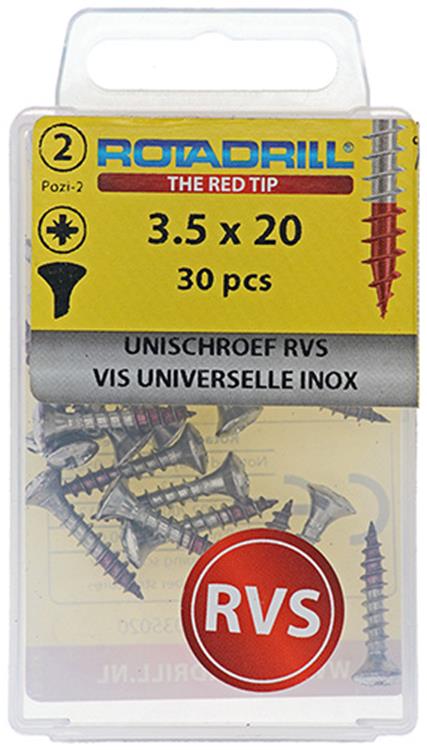 Rotadrill 1039870 – Universalschraube LK PZD Edelstahl-A2 3,5 x 20 mm (30) | 6 Stück