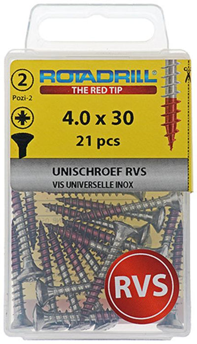 Rotadrill 1039873 – Universalschraube LK PZD Edelstahl-A2 4,0 x 30 mm (21) | 6 Stück