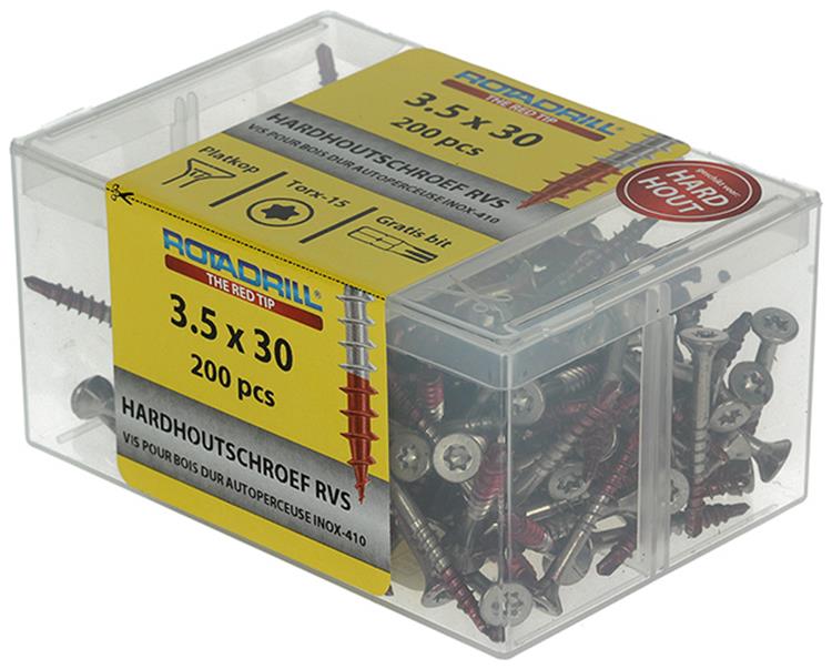 Rotadrill 1040033 – Hartholzschraube selbstschneidend sppls.edelstahl t15 3,5x30mm (200) | 4 Stück