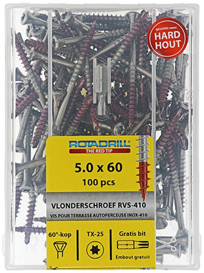 Rotadrill 1040041 – Terrassenschraube selbstschneidend sppls.edelstahl t25 5,0x60mm (100) | 4 Stück
