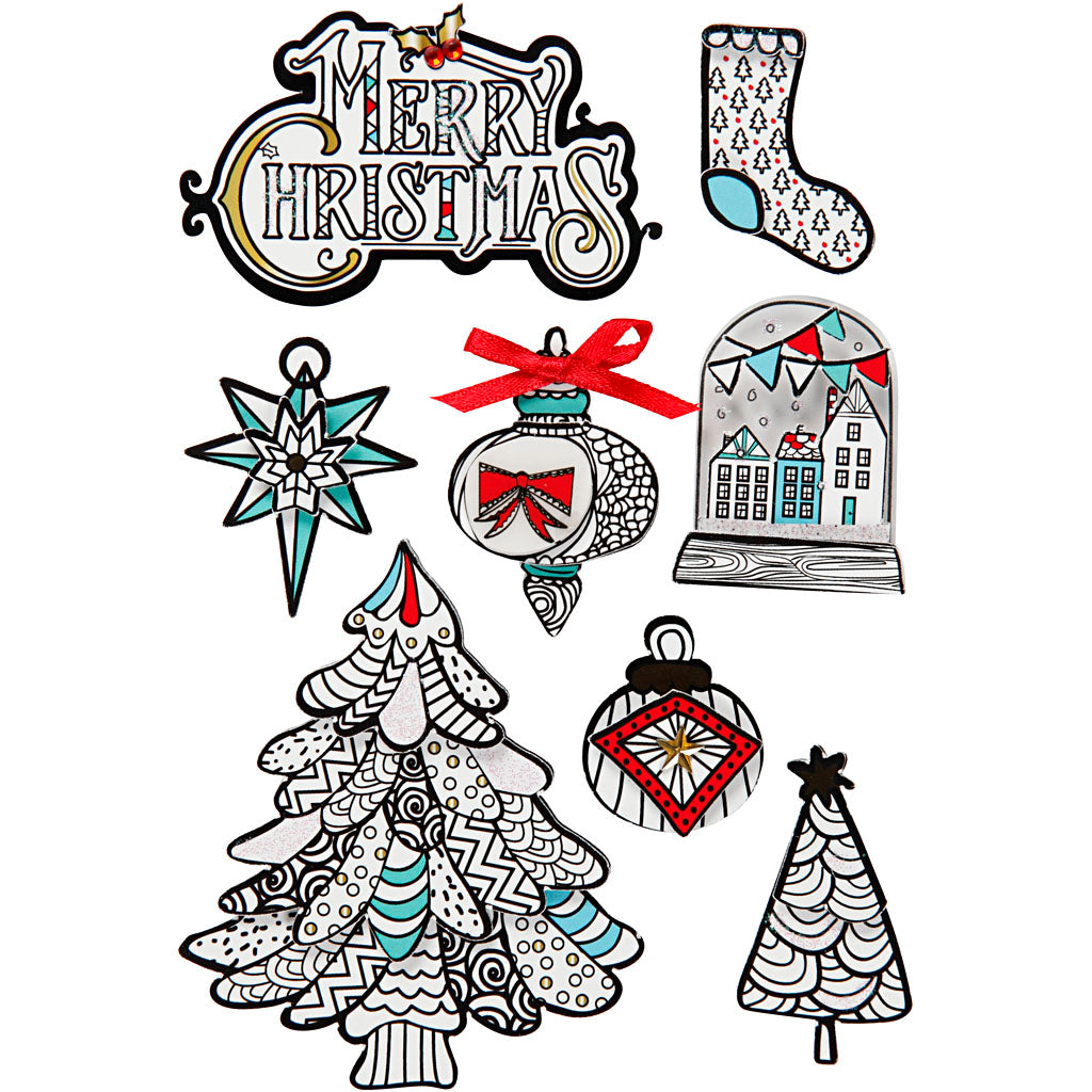 Creativ Company 3D-Aufkleber, Weihnachtsmotive, H: 32-80 mm, B: 25-65 mm, 8 Stück 1 Box