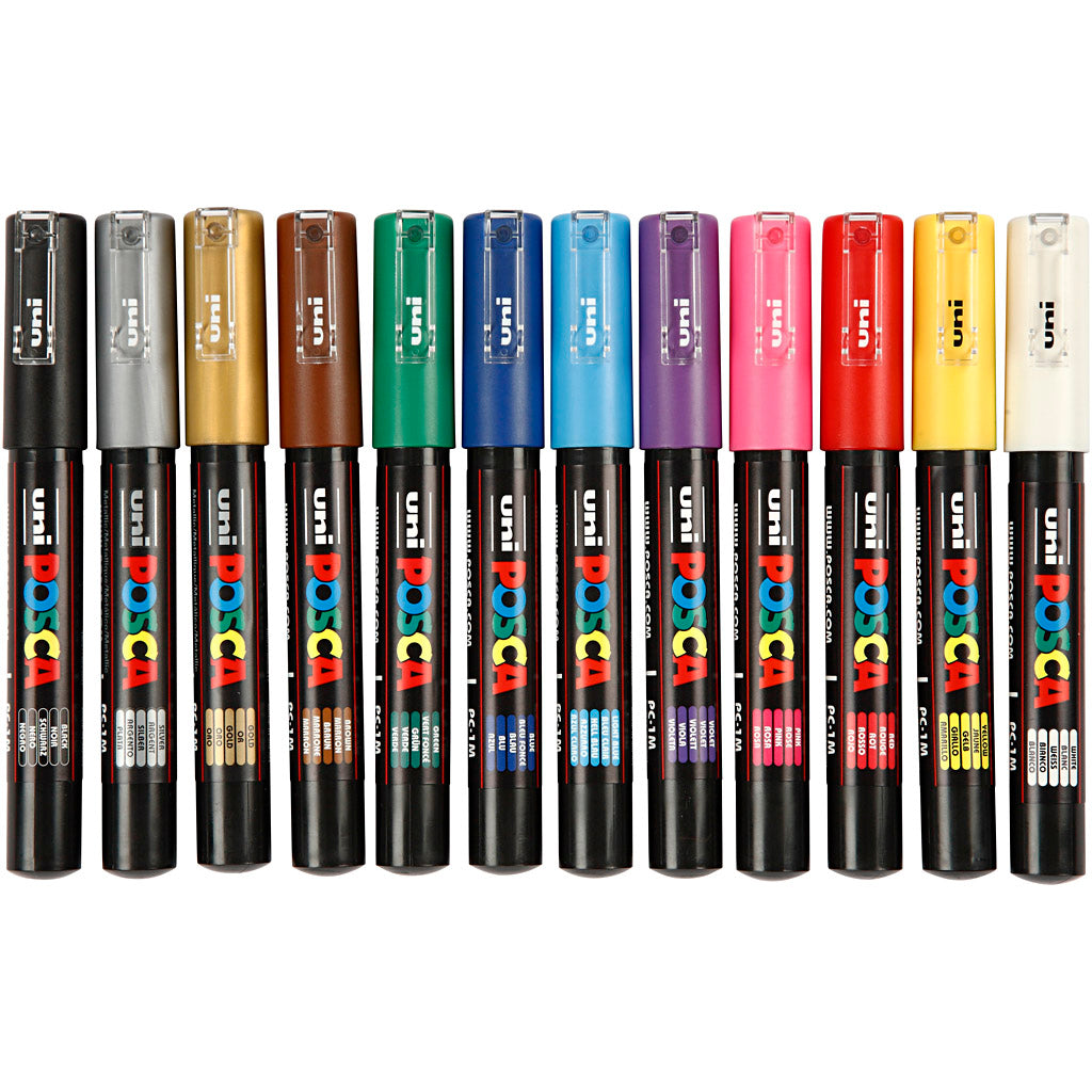 Uni-Posca Posca-Marker, Größe PC-1m, Strichstärke 0,7 mm, extrafein, verschiedene Farben, 12 Stück 1 Box