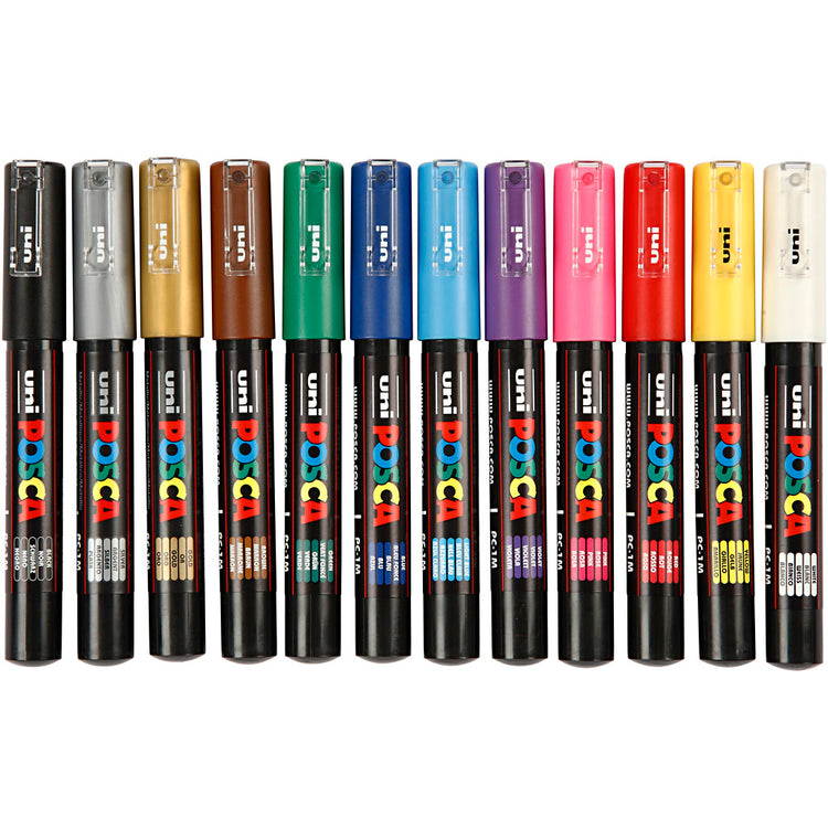 Uni-Posca Posca-Marker, Größe PC-1m, Strichstärke 0,7 mm, extrafein, verschiedene Farben, 12 Stück 1 Box
