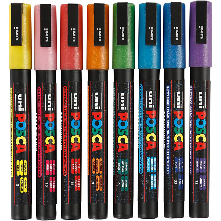 UNI-POSCA POSCA-Marker, AFM PC-3ML, Liniendicke 0,9-1,3 mm, Glitzerfarben, 8 Stück 1 Box