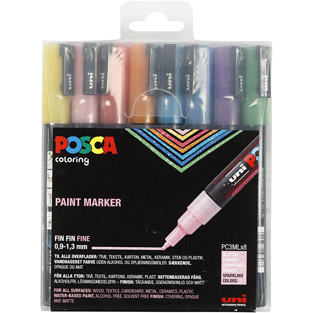 UNI-POSCA POSCA-Marker, AFM PC-3ML, Liniendicke 0,9-1,3 mm, Glitzerfarben, 8 Stück 1 Box