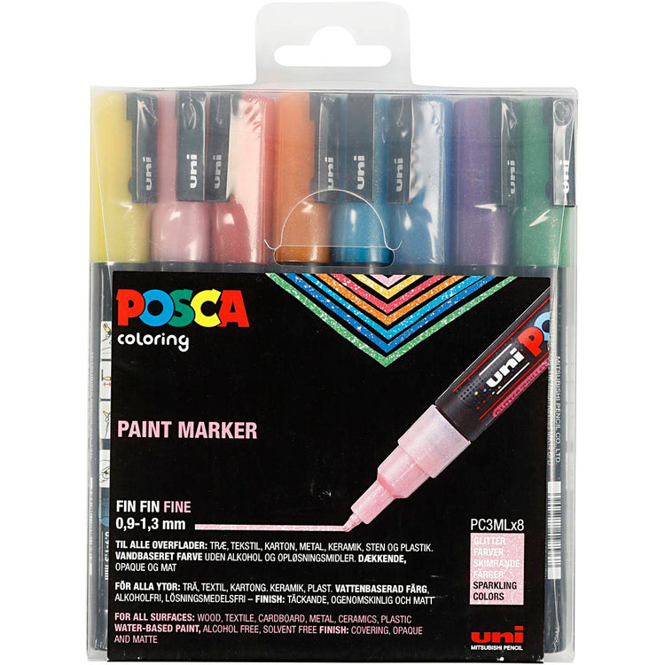 UNI-POSCA POSCA-Marker, AFM PC-3ML, Liniendicke 0,9-1,3 mm, Glitzerfarben, 8 Stück 1 Box