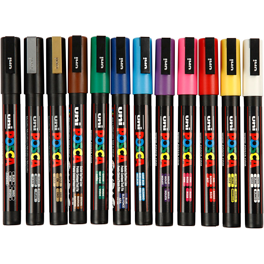 UNI-POSCA POSCA-Marker, AFM PC-3M, Liniendicke 0,9-1,3 mm, fein, verschiedene Farben, 12 Stück 1 Box