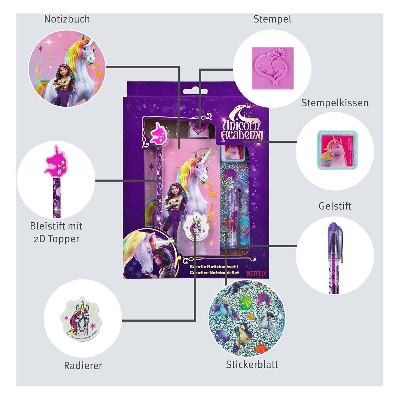 Unicover Unicorn Academy Creative Set mit Notebook, 8DLG