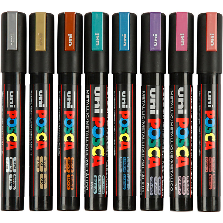 UNI-POSCA POSCA-Marker, AFM PC-5M, Liniendicke 2,5 mm, mittel, metallische Farben, 8 Stück 1 Box