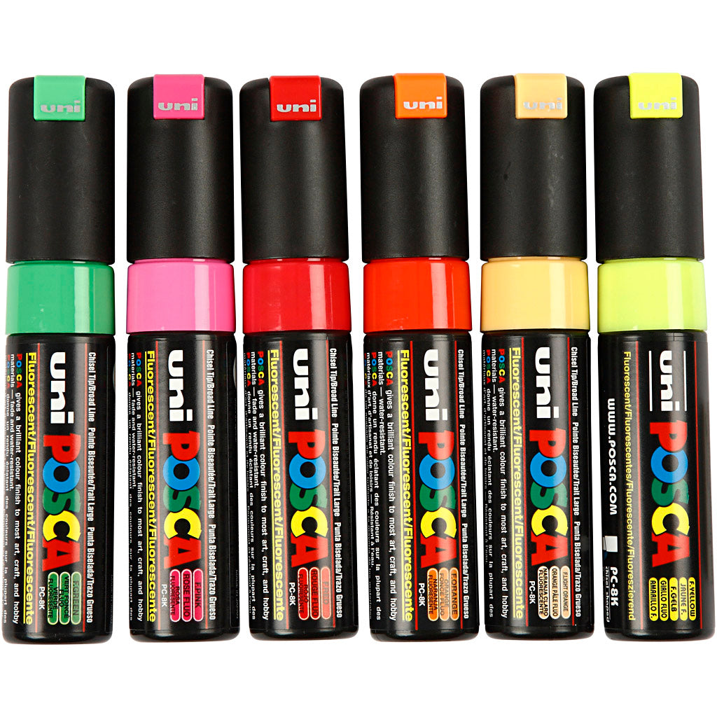 UNI-POSCA POSCA-Marker, AFM PC-8K, Liniendicke 8 mm, breit, halbbedeckt, verschiedene Farben, 6 Stück 1 Box