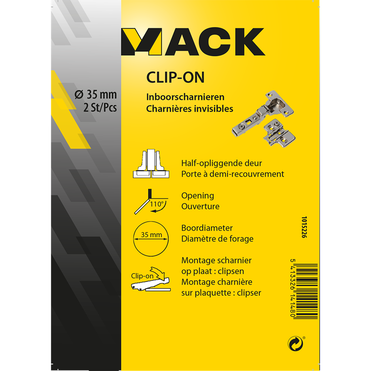 Mack 1015226 – 2 Einbohrscharniere zum Aufstecken auf 35 mm 110° halbaufliegende Tür | 10 Stück