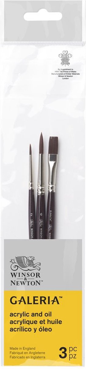 Winsor Newton 5790608 Galeria Acrylpinsel-Set – 3 synthetische Pinsel für die Acrylmalerei (kurzer Griff – rund 2, rund 6, ein Strich 6 mm)