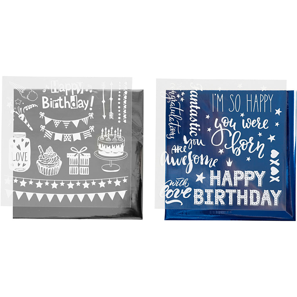 Creativ Company Dekofolie und Transferbogen, Geburtstag, Bogen 15x15 cm, dunkelblau, silber, 2x2 Bögen 1 Box