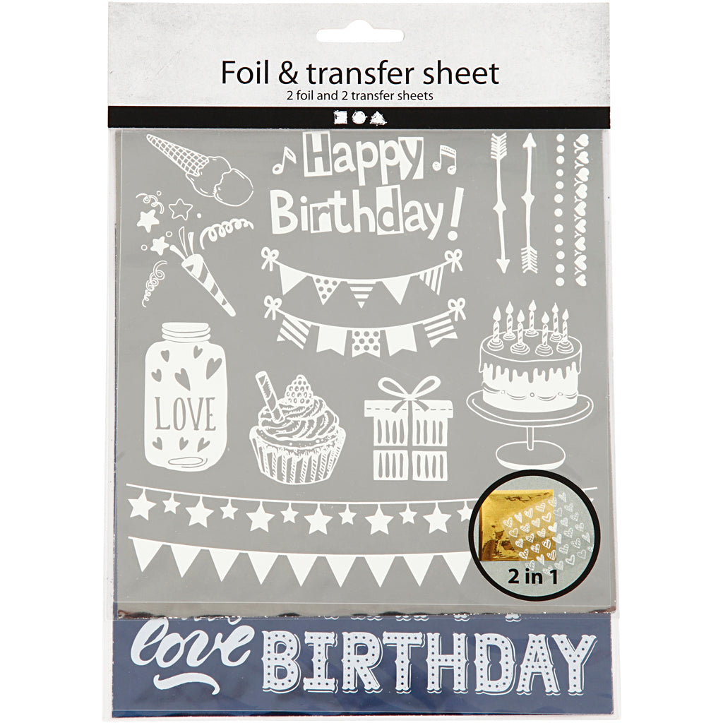 Creativ Company Dekofolie und Transferbogen, Geburtstag, Bogen 15x15 cm, dunkelblau, silber, 2x2 Bögen 1 Box