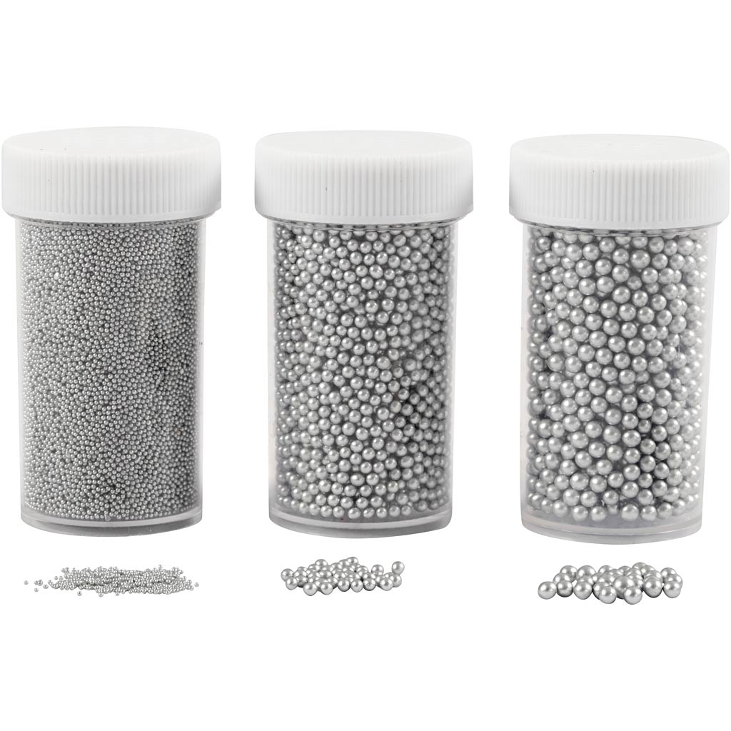 Creativ Company Mini-Glassteine, Größe 0,6-0,8+1,5-2+3 mm, Silber, 3x45 g 1 Box