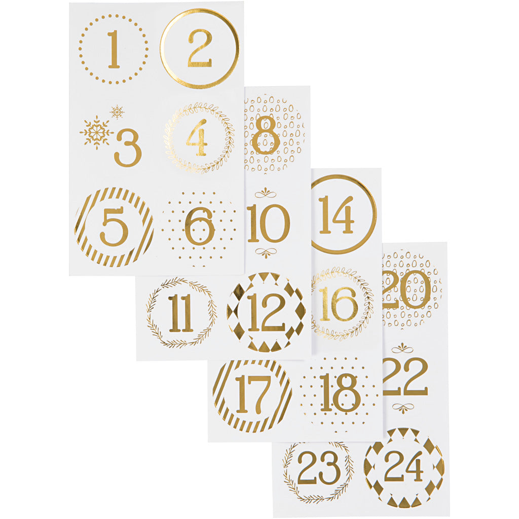Vivi Gade Weihnachtskalender-Zahlenaufkleber, D 40 mm, Blatt 9 x 14 cm, Gold, Weiß, 4 Blatt 1 Box