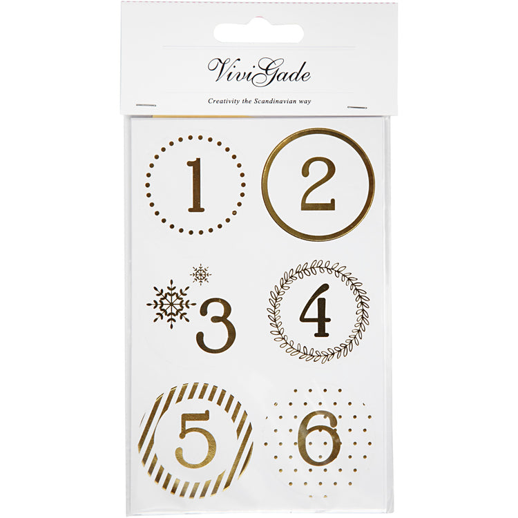 Vivi Gade Weihnachtskalender-Zahlenaufkleber, D 40 mm, Blatt 9 x 14 cm, Gold, Weiß, 4 Blatt 1 Box