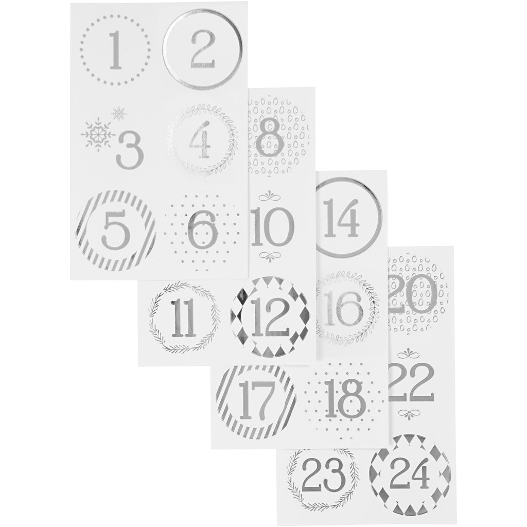 Vivi Gade Weihnachtskalender-Zahlenaufkleber, D 40 mm, Blatt 9 x 14 cm, Silber, Weiß, 4 Blatt 1 Box