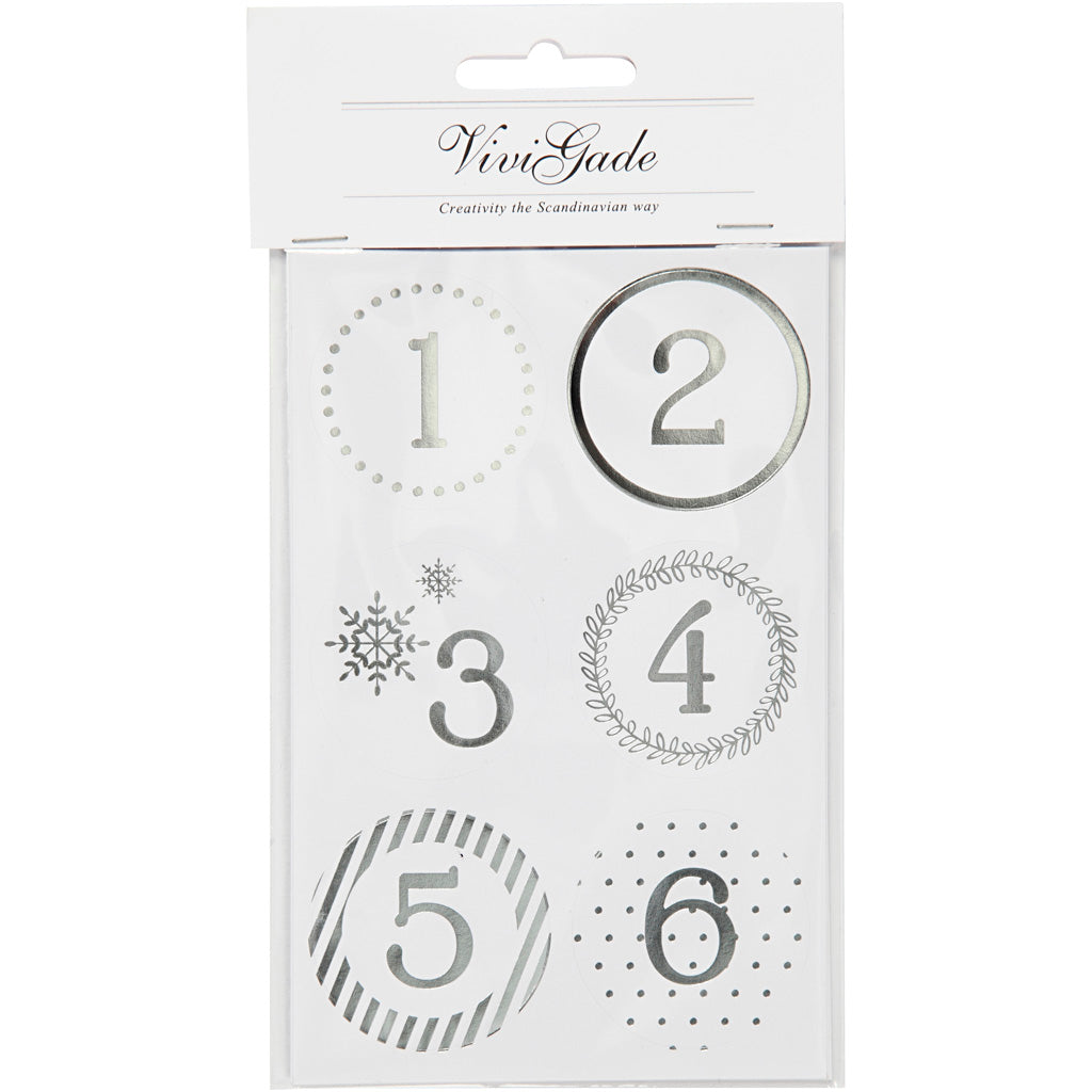 Vivi Gade Weihnachtskalender-Zahlenaufkleber, D 40 mm, Blatt 9 x 14 cm, Silber, Weiß, 4 Blatt 1 Box