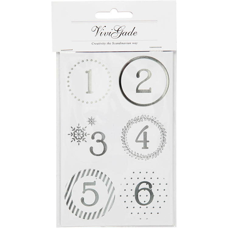 Vivi Gade Weihnachtskalender-Zahlenaufkleber, D 40 mm, Blatt 9 x 14 cm, Silber, Weiß, 4 Blatt 1 Box
