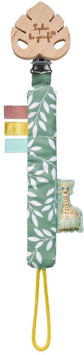 Schnullerhalter Dschungel Giraffe – weicher Stoff-Schnullerhalter mit Clip – Bänder und Etikett in Form – regt den Tastsinn an – geeignet ab 0 Monaten